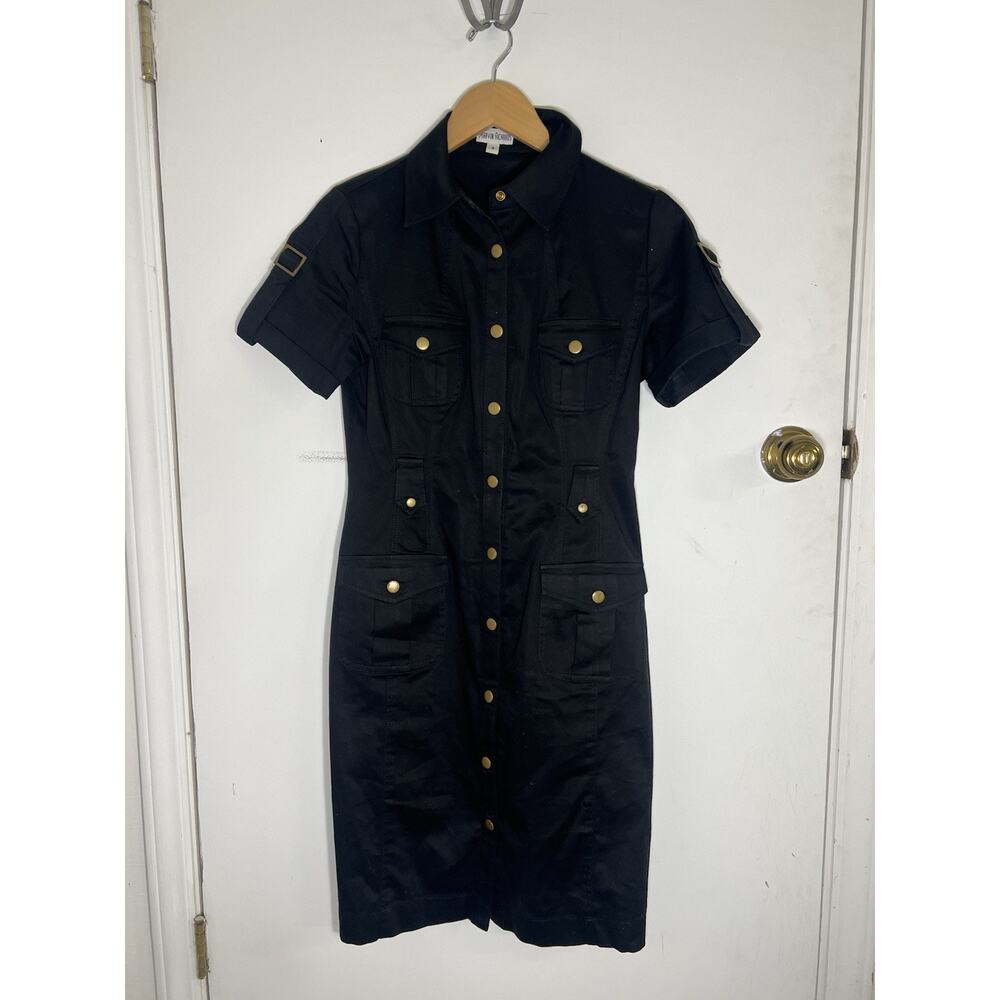 Vintage Marvin Richards Black Dress Size 4 Utility Style Gold Buttons 90s Y2K